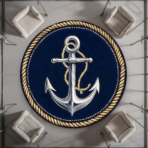 Nautical Round Rug with Anchor Design, Navy Blue Coastal Area Rug, Maritime Theme Floor Mat, Ocean Decor Living Room Rug, Sailor Home Decor