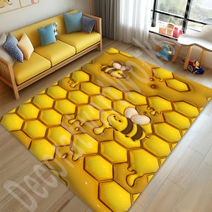 Bee and Honeycomb Rug, Cute Area Rug, Yellow Playroom Mat, Unique Gift Rug, Gift Kids Rug, Nursery Rug, Kids Room Rug, Soft and Washable Rug