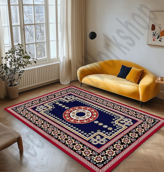 洗えるオリエンタルラグ：伝統的な赤と紺、滑り止め、カスタムサイズ