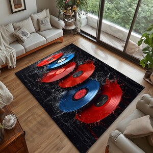 ビニールレコードラグ、レトロな音楽をテーマにしたカーペット、リビングルーム用のクールなエリアラグ、赤と青のレコードプレーヤーデザイン、音楽愛好家へのギフト