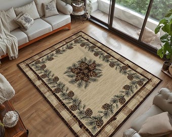 Pinecone Lodge Rug – Rustic Cabin Style Area Rug with Forest Pine Design, Cozy Woodland Living Room Carpet, Nature Inspired Decor
