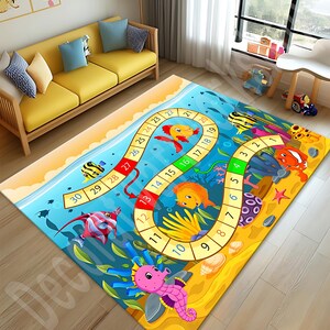 Colorful Kids Play Rug, Educational Ocean Game Carpet, Fun Learning Mat For Children, Non-Slip Soft Nursery Rug, Interactive Playroom Decor