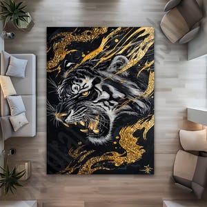 Fierce Black and Gold Tiger Area Rug, Wild Animal Rug for Living Room, Bedroom Office or Saloon Decor, Non-Slip Washable Rug, Gift for Home