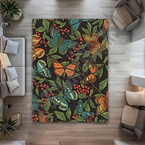 Whimsical Colorful Butterfly Botanical Rug, Vibrant Nature-Inspired Washable Area Carpet for Living Room, Bedroom, or Boho Gift Home Decor