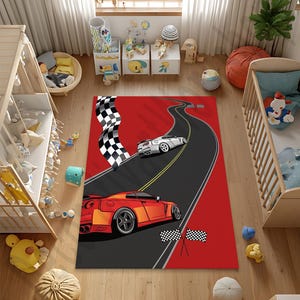 Race Car Rug Red Road Track Carpet Boys Room Decor Sports Car Theme Playroom Rug Racing Bedroom Rug Checkered Flag Kids Floor Mat Gift Rug