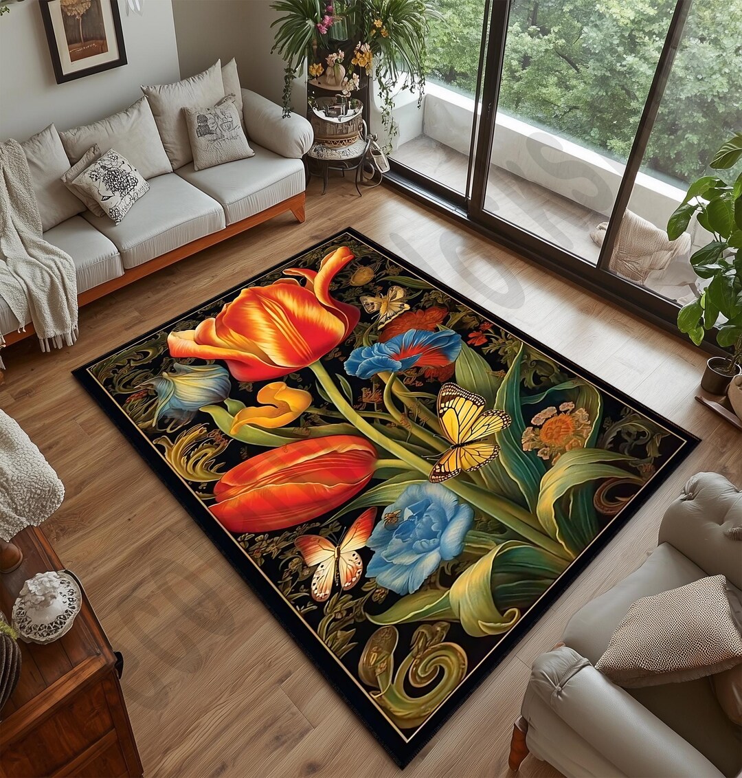 Floral Butterfly Rug, Colorful Tulip Area Rug, Nature-inspired Carpet ...