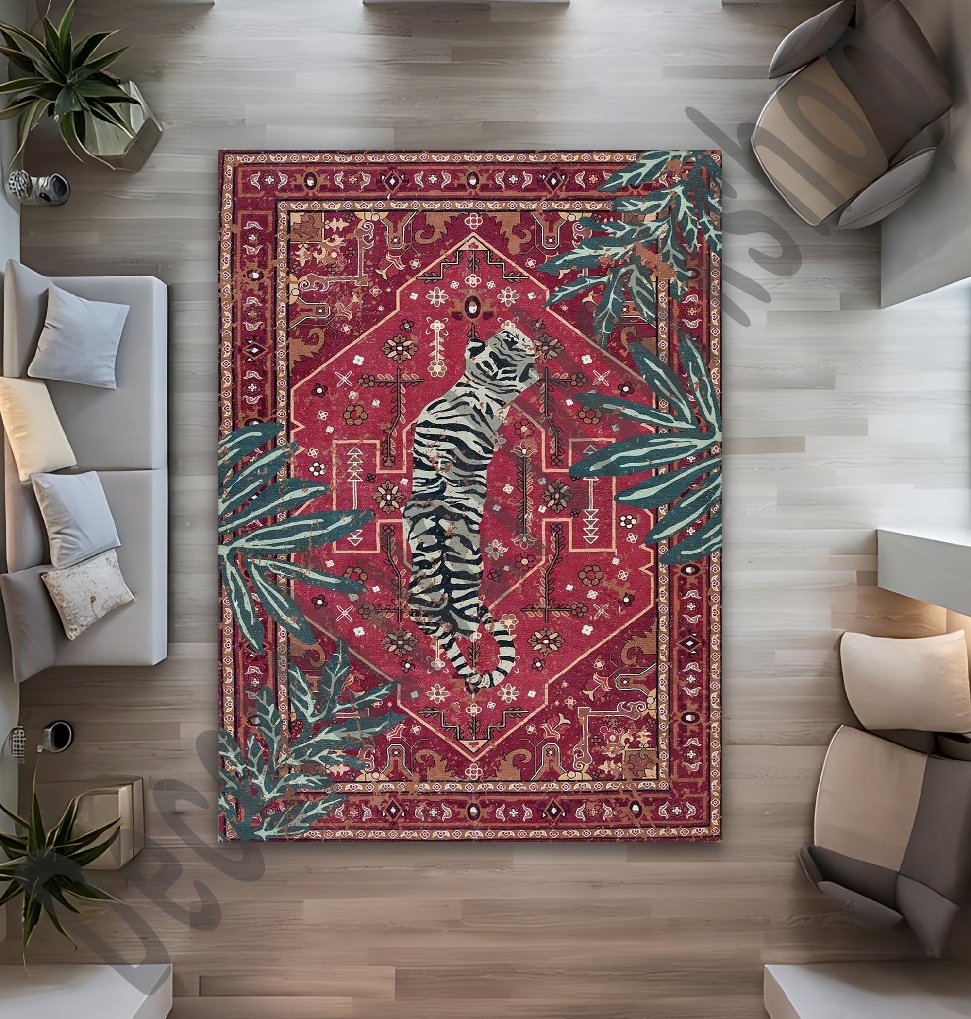 Tiger Oriental Rug, Red Vintage Style Bohemian Jungle Area Carpet, Botanical Animal Print Rug for Living Room or Bedroom Decor, Washable Rug