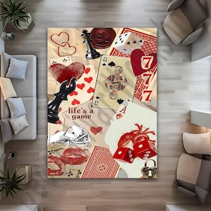 Vintage Kasino-Thementeppich, Spielkarten- und Würfelteppich, Teppich für Poker-Glücksspieler, Lucky 777 Kasino-Dekor, Spielzimmer-Bodenmatte, einzigartiges Geschenk