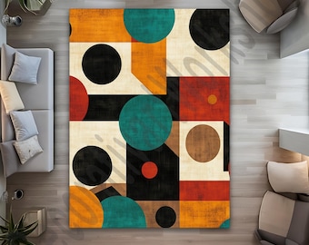 Mid Century Modern Rug, Retro Geometric Rug, 70s Burnt Orange Area Rug Minimalist Living Room Bedroom Office Decor Rug Washable Non Slip Rug