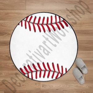 Baseball Area Round Rug Washable for Bedroom Living Room Sport Theme Circle Rug Non Slip Carpet Decor Floor Mat for Bathroom Kitchen Dorm