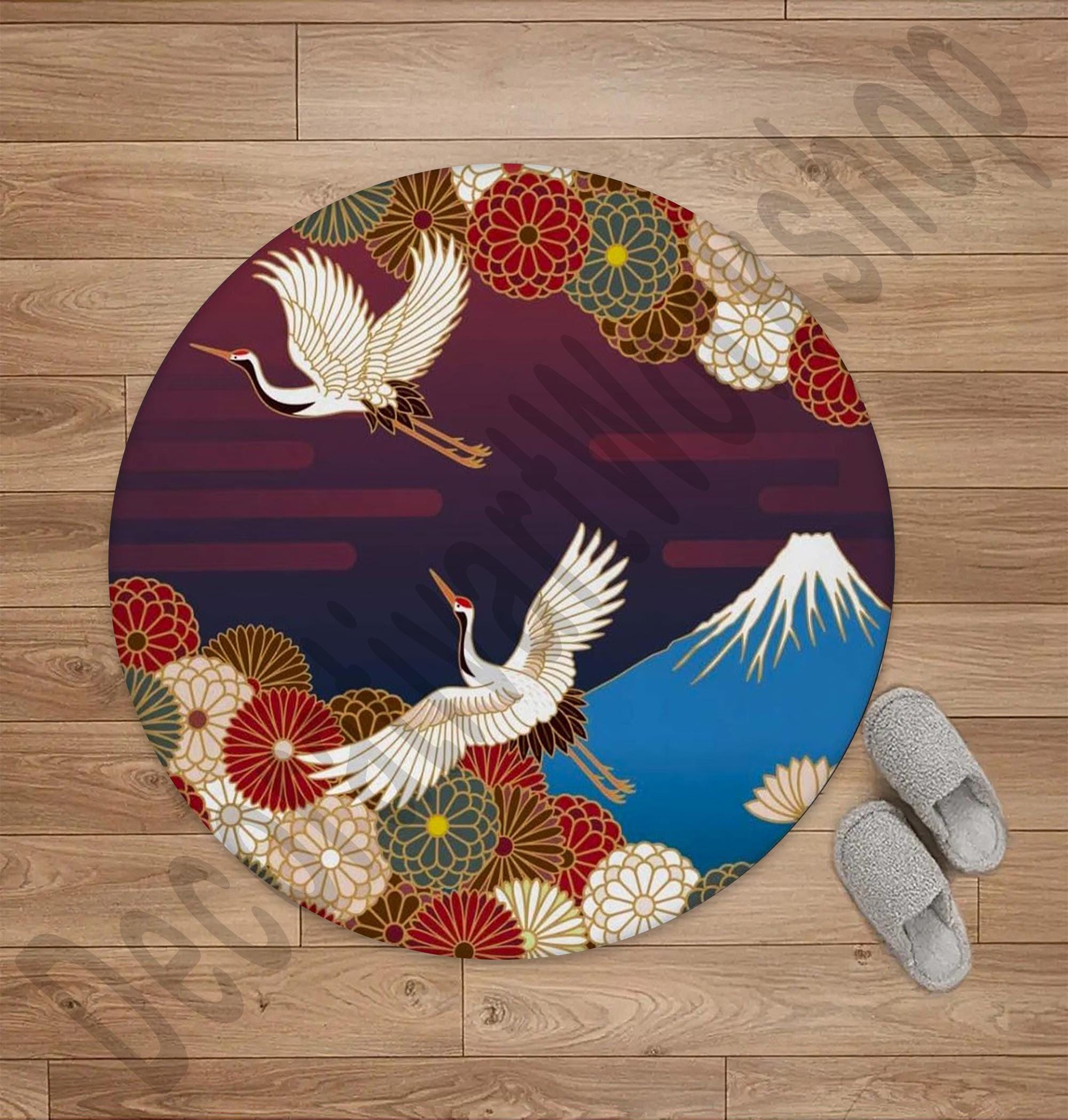 Round Area Rug Mat Mount Fuji Crane Chrysanthemum Japan Living Room Bedroom Bathroom Kitchen Home Decor Japanese Non-Slip Round Carpet