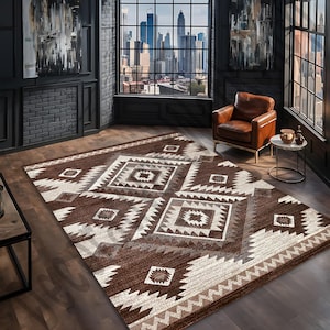 Southwestern Tribal Area Rug Brown Beige Geometric Carpet for Living Room Rustic Cabin Lodge Decor Boho Western Style Soft Floor Mat