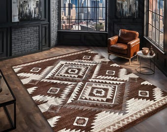 Southwestern Tribal Area Rug Brown Beige Geometric Carpet for Living Room Rustic Cabin Lodge Decor Boho Western Style Soft Floor Mat