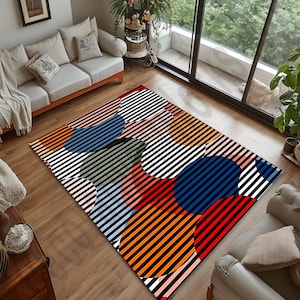 Modern Abstract Area Rug, Colorful Geometric Carpet, Striped Contemporary Floor Mat, Bold Multicolor Living Room Rug, Artistic Home Decor