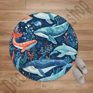 Fish Whale Round Rug Washable Soft Circle Non Slip Carpet for Nursery Kids Room Living Room Bedroom Bathroom Entryway Ocean Animal Decor