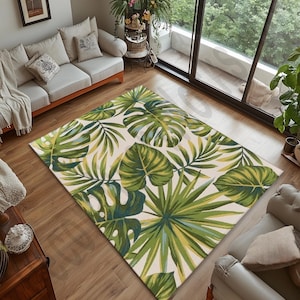 Tropical Leaf Rug Botanical Print Area Carpet Green Palm Leaf Jungle Decor Boho Living Room Rug Modern Bedroom Indoor Nature Style Gift Rug