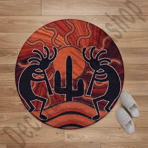 Southwestern Round Rug Kokopelli Tribal Carpet Washable Desert Sun Cactus Boho Floor Mat for Living Room Bedroom Entryway Cultural Home