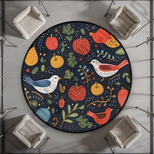 Alfombra redonda con estampado de pájaros de dibujos animados, antideslizante, lavable a máquina, grande, redonda, para sala de estar, dormitorio y guardería.