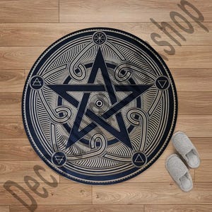 Pentagram Round Rug, Mystical Occult Carpet, Wiccan Altar Mat, Gothic Home Decor, Dark Aesthetic Area Rug, Esoteric Rug, Witchy Room Decor