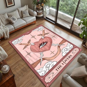 Alfombra de tarot de los amantes, alfombra de piso rosa, alfombra vintage, diseño de alfombra creativo, alfombra de corazón rosa, alfombra de sala de estar, regalo espiritual, decoración romántica del hogar