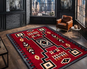 Aztec Area Rug, Red Southwestern Rug, Geometric Tribal Carpet, Authentic Rectangle Rug, Machine Washable Saloon Rug, Non-Slip African Rug