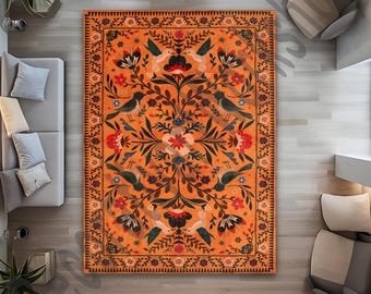 Boho Bird Washable Area Rug Orange Floral Jungle Pattern Vintage Soft Floor Rugs for Living Room Bedroom Nursery Kitchen Non Slip Decor Rug