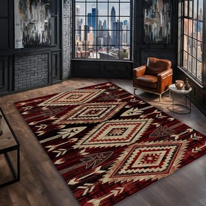 Red Vintage Rug, Boho Area Rug, Oriental Rug 8x10, Washable Geometric Rug, Traditional Persian Style Carpet, Rugs For Living Room Or Bedroom