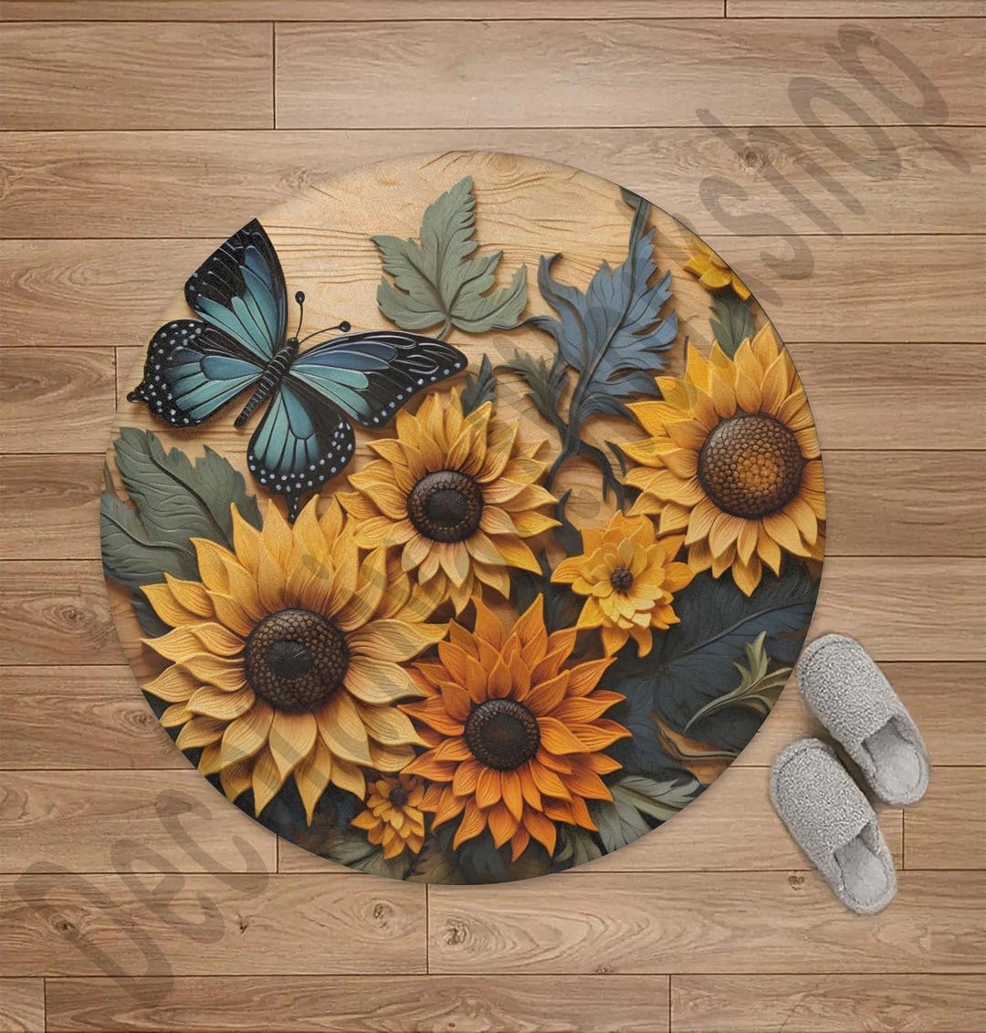 Sunflower Round Rug Butterfly Floral Carpet Nature Inspired Boho Rustic ...