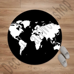 Tapis rond carte du monde, tapis rond noir et blanc globe moderne, tapis de sol antidérapant lavable pour décoration de bureau