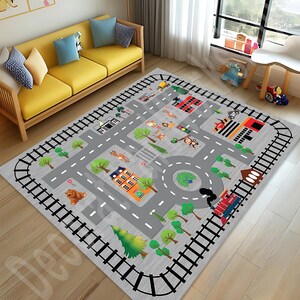 Kinder Spielzimmer Teppich mit Straßen und Spuren, Teppich für Kinder, Jungen und Mädchen, Spielmatte für Kinder und Erwachsene