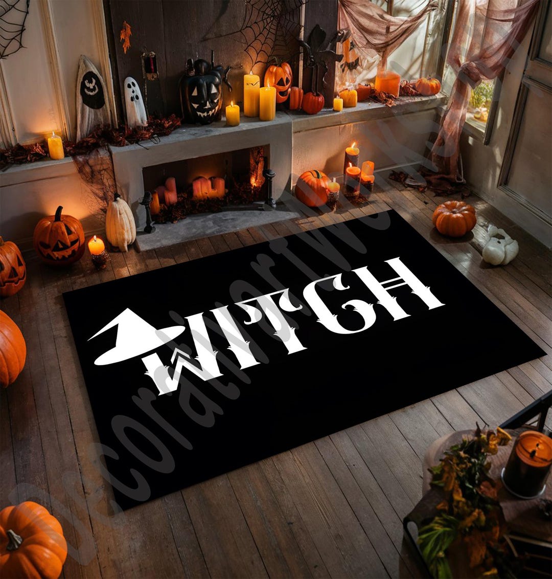 Halloween Witch Rug – Black Gothic Area Rug With White “WITCH” Print ...
