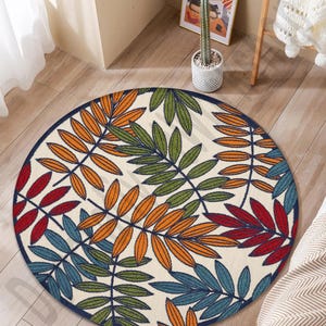 Mid Century Round Rug, Boho Leaf Rug, Washable Non Slip Area Rug, Large Minimalist Rug for Living Room Bedroom Bathroom, Popular Gift Rug