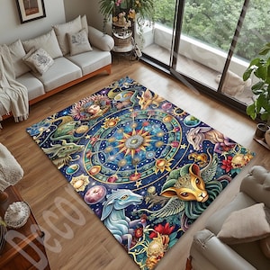 Alfombra con diseño de astrología del zodíaco, alfombra con diseño de carta estelar cósmica, signos del zodíaco, alfombra de área mística, alfombra para sala de estar, alfombra única para amantes de la astrología