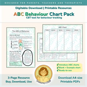 May include: A digital download of an ABC Behaviour Chart Pack, a CBT tool for behaviour tracking. The pack includes printable resources for parents, teachers, and therapists. The chart includes sections for Antecedent, Behaviour, Consequence, and Reflection. Ready to use.