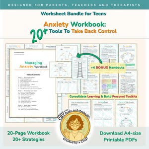 Managing Anxiety Workbook for Teens | Printable CBT Worksheets & Handouts | Psychoeducation + Coping Skills Pack