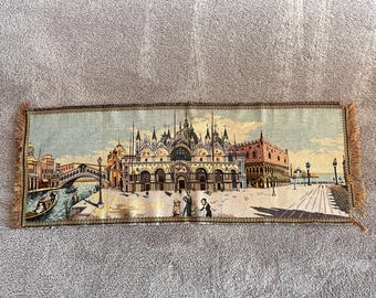 Vintage Italian Tapestry - Venice Canal and Church Landscape Wall Art - Large 55” x 20"