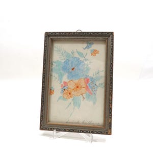 Hand Colored Picture floral with wood frame Vintage signed