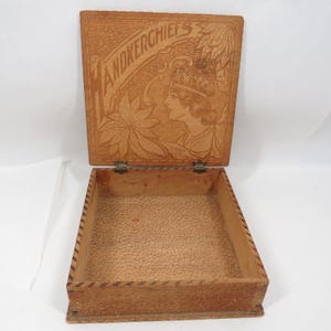 Vintage Pyrography Handkerchief Box: Flemish Art Ornate Design
