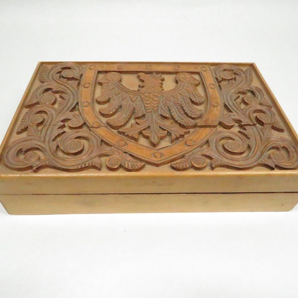 Wood box storage crowned eagle in shield on top Vintage