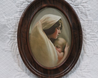 Oval Picture Metal Woodgrain Frame Mother and Child Vintage cottage core