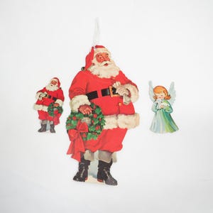 3 adornos navideños de cartón vintage de Papá Noel y ángel coleccionables para fiestas