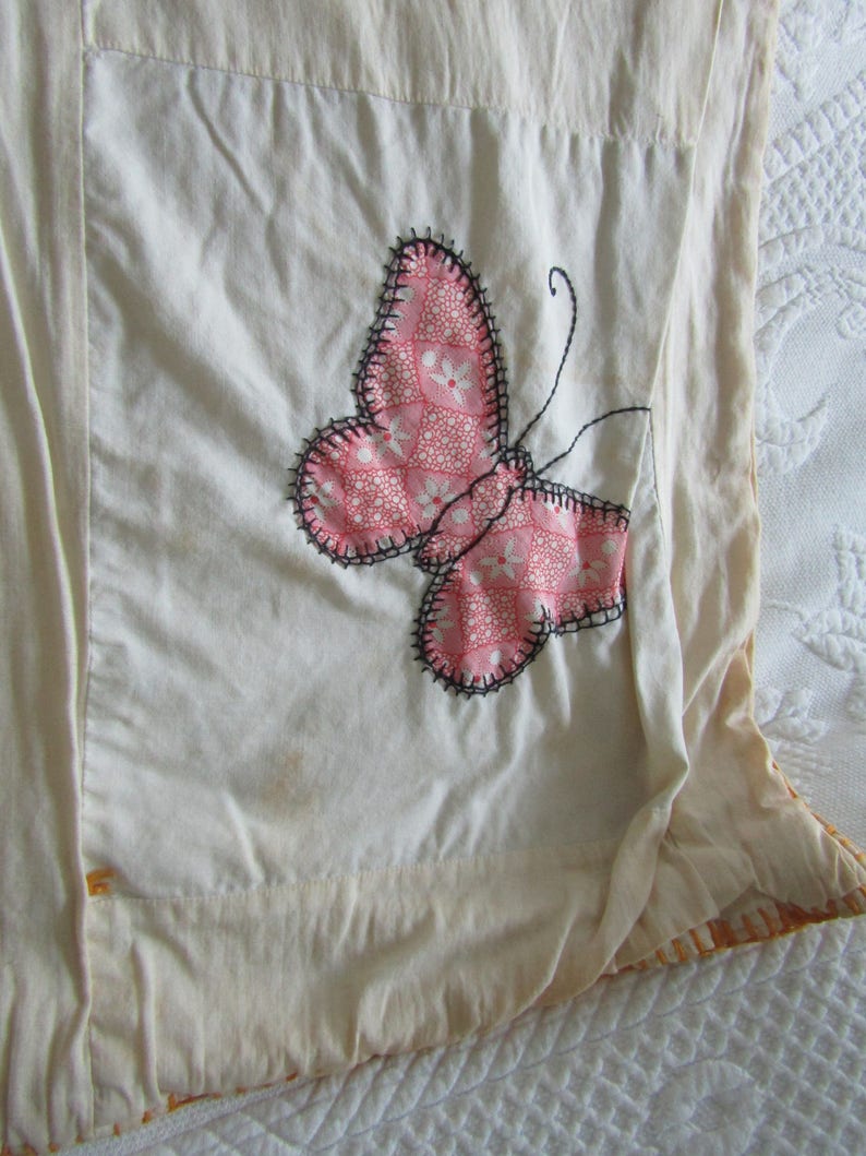 Vintage Crib Quilt Butterflies Appliqued Not Perfect More than likely a Cutter SALE