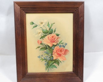 Rose Pink Litho in Oak Frame Vintage cottage granny core