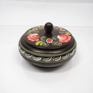 Wood Trinket Box Round Vintage hand painted storage