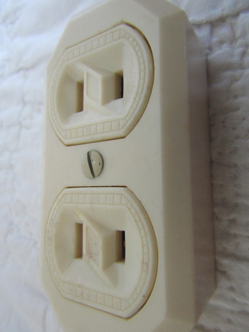 1 NOS Electric Surface Duplex Outlet Electrical Salvage in package nice ornate design around plugs Vintage