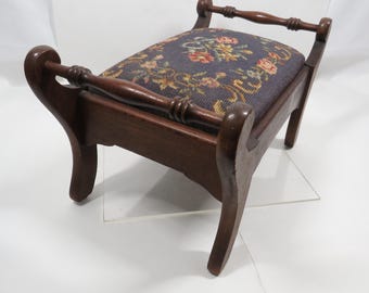 Foot Stool embroidered Top Vintage collectible furniture