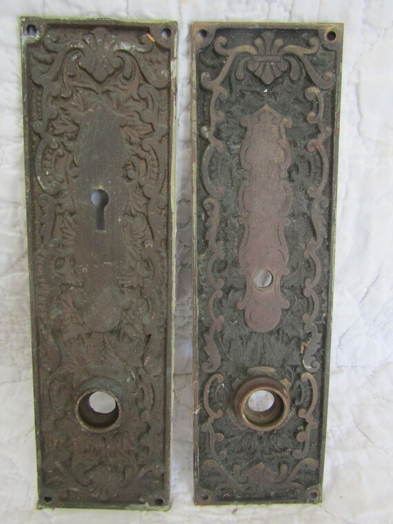 Set Of Door Knob Plates Brass With Ornate Detail Large Vintage Item
