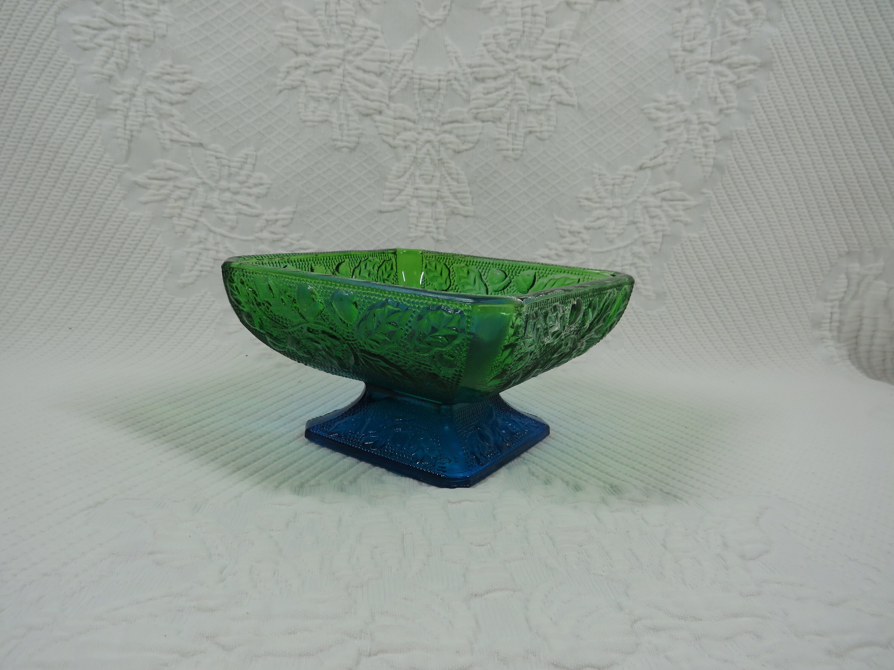 Candy Dish Blue Green Glass Vintage Etsy