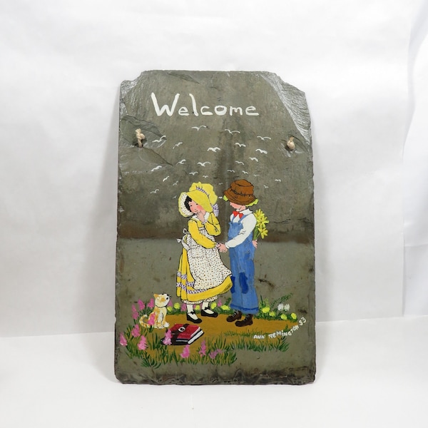 Hand Painted Slate Wall Decoration signed dated Vintage piece Granny Cottage core