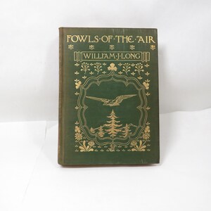May include: A vintage book titled "Fowls of the Air" by William J. Long. The cover is dark green with gold lettering and decorative floral and bird designs. The book is in good condition.